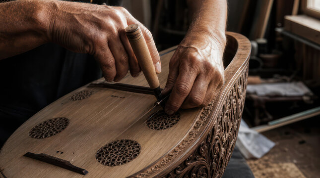 Crafting an Oud Closeup of Hands Working on Musical Instrument.