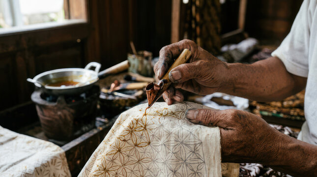 Crafting Traditional Batik Art Closeup of Hand Painting Wax.