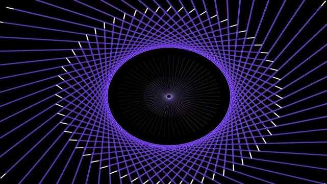 Abstract purple geometric pattern spinning in circular motion on black background creating immersive tunnel effect through rotating linear structures and radial symmetrical rays of violet lighting.
