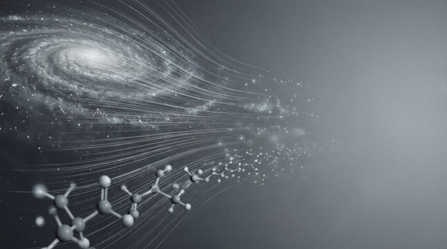 Abstract representation of atomic structures flowing into a cosmic nebula, symbolizing scientific discovery and the universe's mysteries.