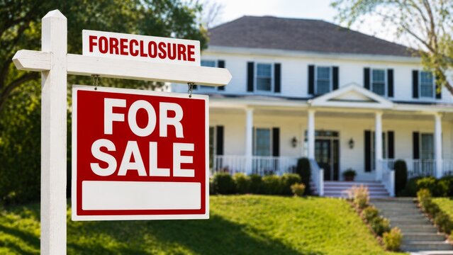 A foreclosure sign stands in front of a house for sale, indicating that the property is on the market due to financial distress.