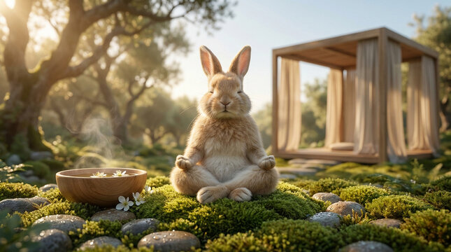 Cute fluffy rabbit meditating peacefully in a serene garden setting