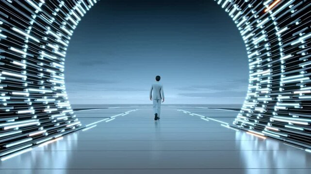Entering the Future: A solitary figure, dressed in a light suit, walks through a luminous, futuristic gateway, symbolizing innovation and a journey into the unknown.