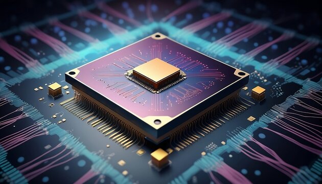 Abstract technology background of a quantum computing system with processor and electronic circuit. Artificial neurons, global data connections, created with generative ai