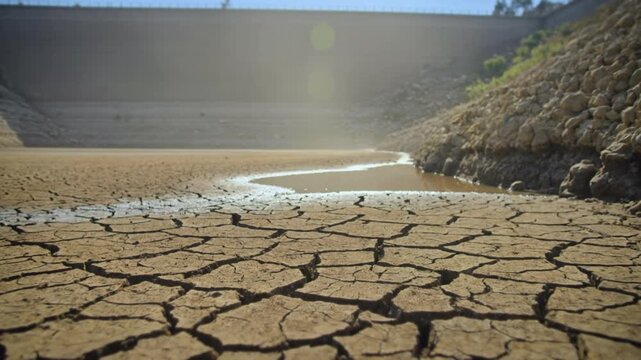 Drone descends over a vast emptied reservoir with cracked mud and a thin remaining puddle beside a dam wall, a stark water scarcity and drought visual for climate content