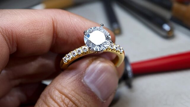 Exquisite Diamond Ring: A close-up shot showcases a brilliant diamond engagement ring with a central stone and a band adorned with smaller gems, held delicately in a hand.