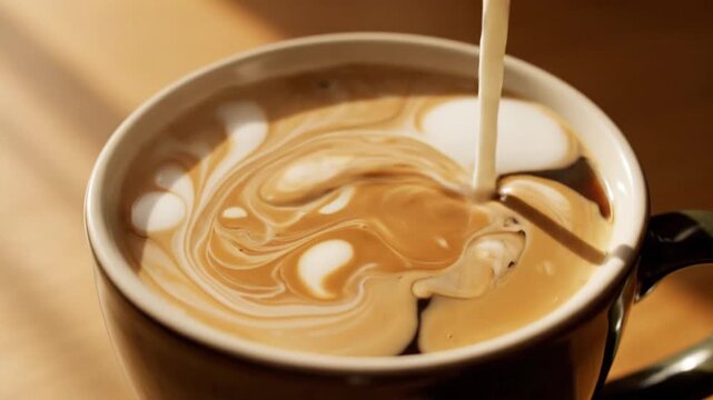 A person pours steamed milk into a cup of coffee on a wooden table.