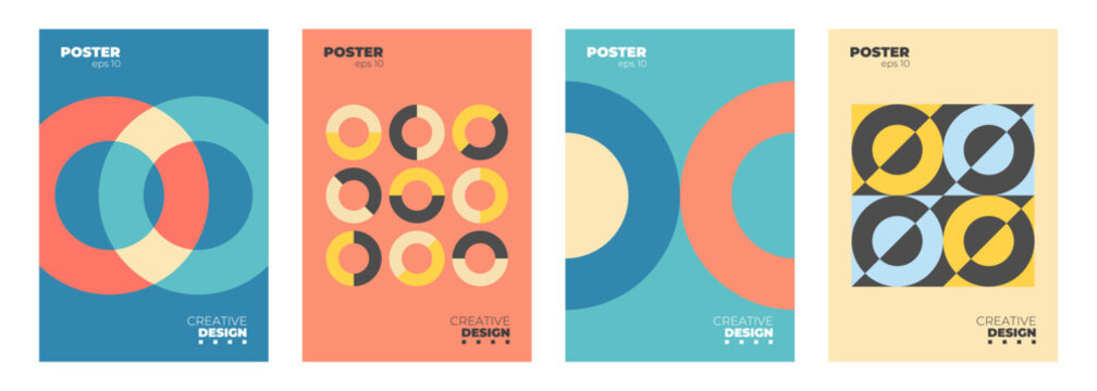 Bauhaus Style Abstract Posters. Color geometric shapes. Backgrounds for modern creative graphic design. Vector illustration.