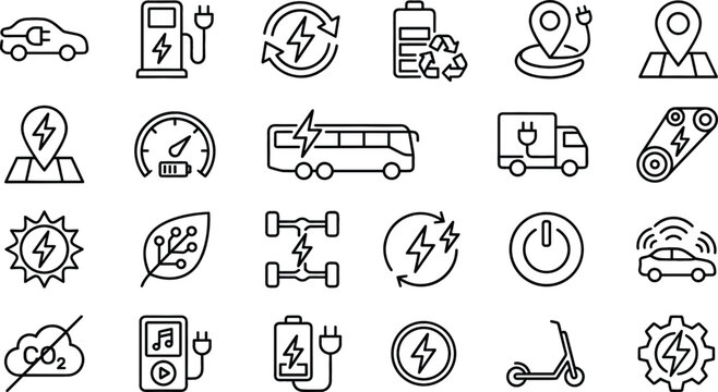 Electric vehicle and green energy line icons set featuring EV charging station battery recycling smart car bus truck scooter eco transportation vector