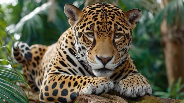 Majestic Jaguar in Jungle: A stunning jaguar with its characteristic spotted coat rests serenely on a thick branch amidst lush tropical foliage, its gaze intense and captivating.