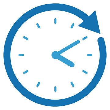 Blue clock with clockwise arrow, white background, clock arrow