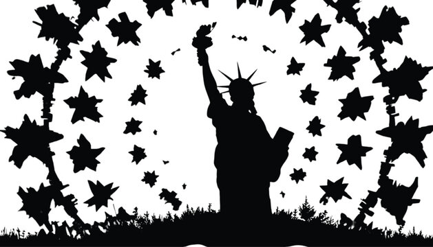 Statue of Liberty silhouette stands prominently in the center surrounded by a circular arrangement of black star shapes against a plain white background for national pride and cultural celebration.