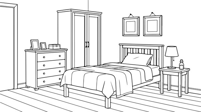 Simple bedroom interior, line bed nightstand lamp