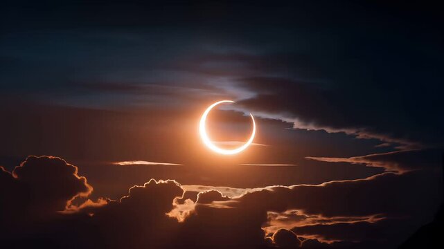Eclipse, fantasy, mysterious, supernatural. A dramatic digital artwork depicts a celestial scene during a total solar eclipse. The main subject is a radiant ring of light.