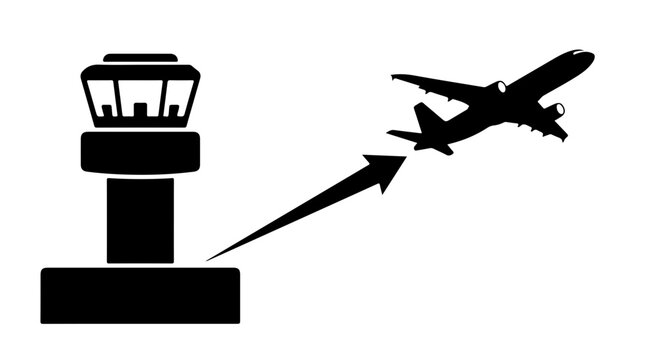 Air traffic control tower guiding an airplane silhouette