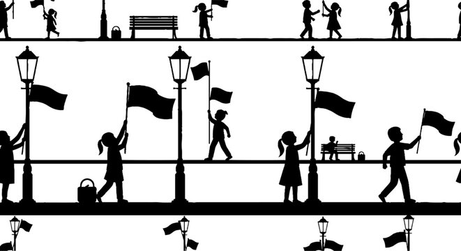 Silhouette of children walking by lampposts with flags