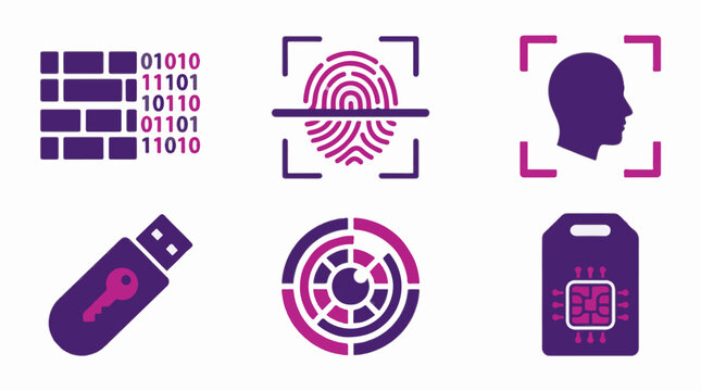 Set of six cybersecurity and digital identity icons featuring firewall binary code fingerprint scan facial recognition usb key iris scan and smart card chip