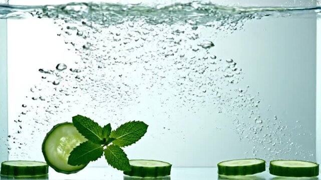 Cucumber slices and fresh mint leaves float in clear water creating refreshing bubbles that suggest natural hydration and healthy ingredients for a revitalizing spa or wellness lifestyle beverage.