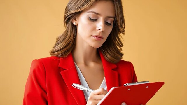 Focused Professional: A confident businesswoman in a vibrant red blazer diligently writes on a clipboard, embodying professionalism and focus.