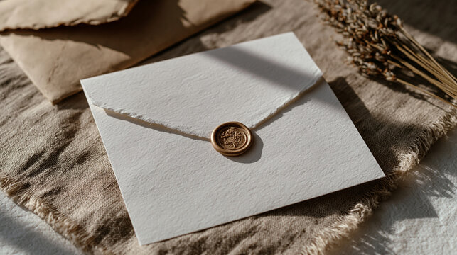 Single white wedding invitation card with wax seal resting on natural linen texture, dried lavender stem and raw-edge envelope visible against sterile white background surface, minimal editorial pro