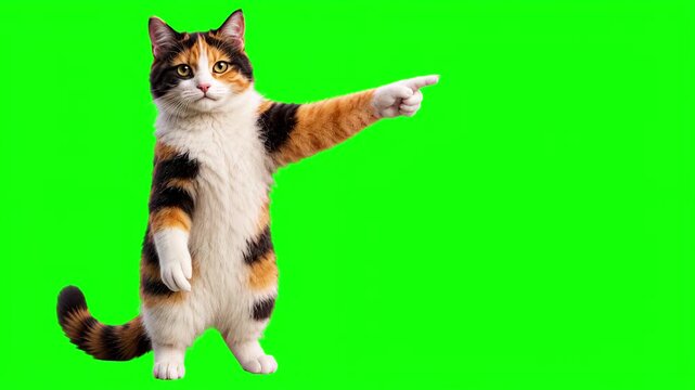 Realistic 3D cat pointing to the side and then pointing at the viewer, call to action concept isolated on chroma key green screen background