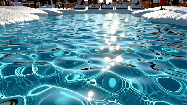 Crystal Clear Pool on a Sunny Day: A refreshing swimming pool with sparkling clear blue water, reflecting the bright sunlight, surrounded by lounge chairs and lush greenery, inviting relaxation.