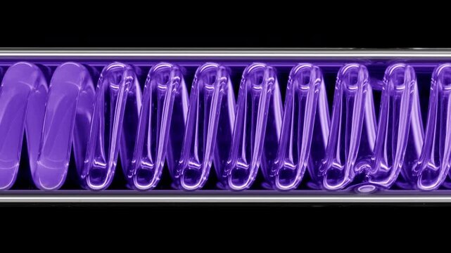 Crisp close capture of violet translucent liquid flowing through a horizontally mounted coil laboratory condenser on matte black background
