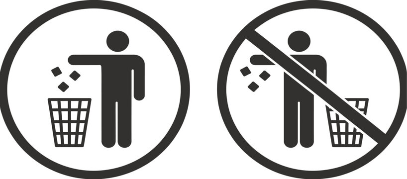 Printable litter bin and no littering icon set showcasing waste disposal symbols for environmental protection, public hygiene, and recycling signage design.