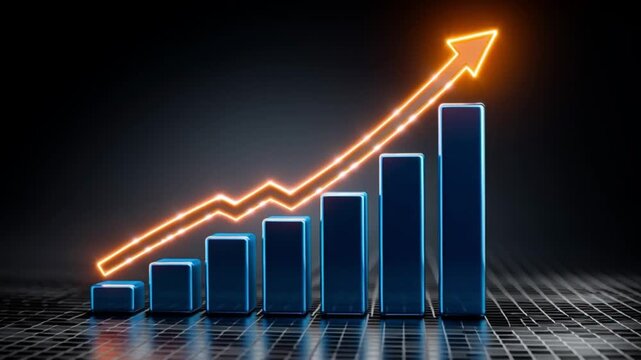 Bar Chart with Upward Arrow: A 3D rendering showcases a bar chart with ascending bars, overlaid by a dynamic orange arrow, symbolizing financial growth and progress.