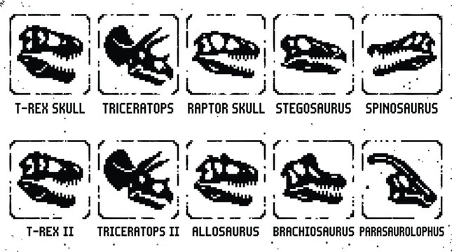Set of ten detailed dinosaur skull pixel art icons featuring various prehistoric species for retro game design and educational projects isolated on white background