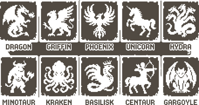 Mythical creature and legendary monster pixel art icon collection featuring fantasy beast silhouettes for RPG world building and game character design assets