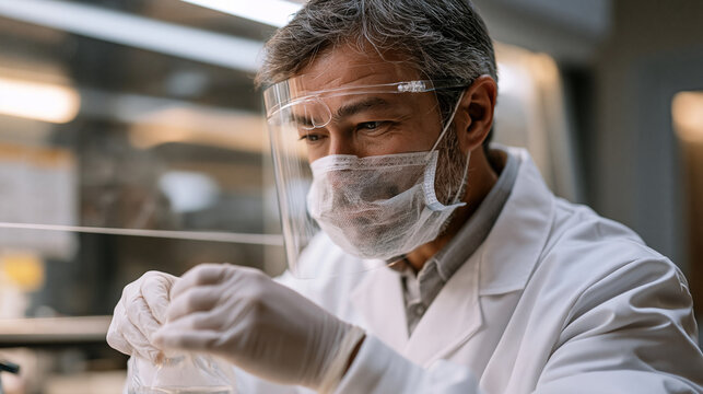 Hospital oncology pharmacist in sterile compounding hood wearing double-gloved hands and face shield preparing intravenous chemotherapy infusion bag, laminar flow cabinet workspace inside negative-p