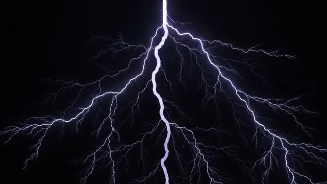 Intense electrical lightning bolts illuminating the dark night sky during a powerful summer thunderstorm weather event