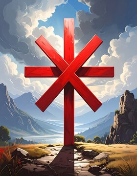 A large red asterisk stands on a stone path in a mountainous landscape
