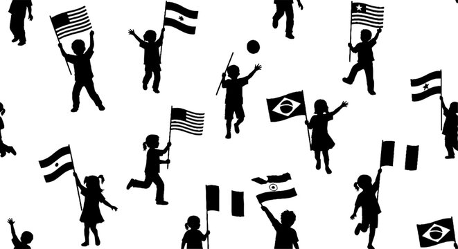 Multicultural children waving international flags seamless pattern