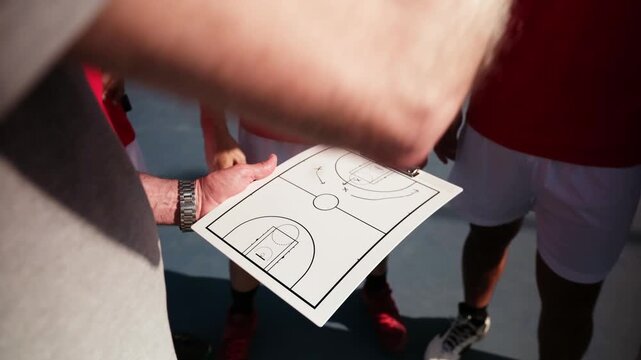 Coach drawing a game plan on a clipboard while players listen during a timeout on the court