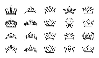 Royal crown and tiara line art icons set, luxury queen and princess symbols. © Shakib