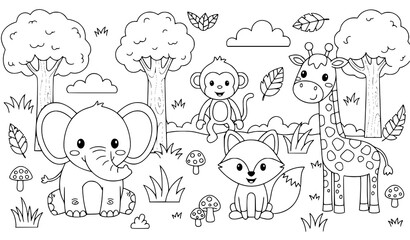 Cartoon wild animals in the jungle coloring page, cute elephant and friends outline. © Shakib