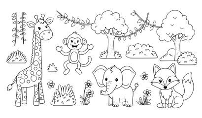 Jungle wildlife coloring book page for kids, cute safari animals line art illustration. © Shakib