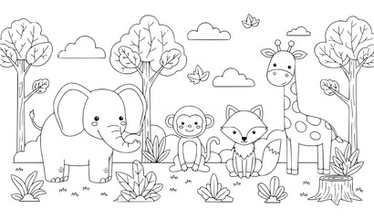 Happy safari animals in forest coloring page, cute outline illustration for children. © Shakib