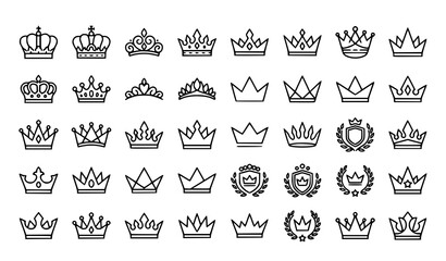 King and queen crowns outline icons collection, large set of royal tiara symbols. © Shakib