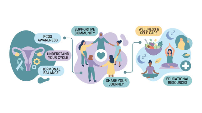 PCOS awareness and women wellness support group infographic illustration.