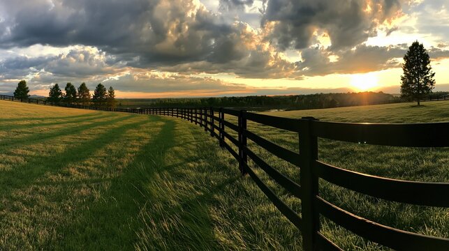 Long black wooden fence running across rolling green grass field with dramatic golden sunset behind dark clouds and scattered pine trees on beautiful open rural countryside landscape