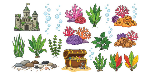 vector icon set featuring coral reefs aquatic plants treasure chest and castle ideal for aquarium aquatic ecology and nature concepts. © Lif