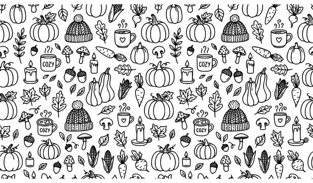 Cozy autumn doodle seamless pattern, fall lifestyle elements line art background.