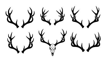 Rustic deer antlers and wild animal skull silhouettes collection for bohemian tribal ornament design © Shakib
