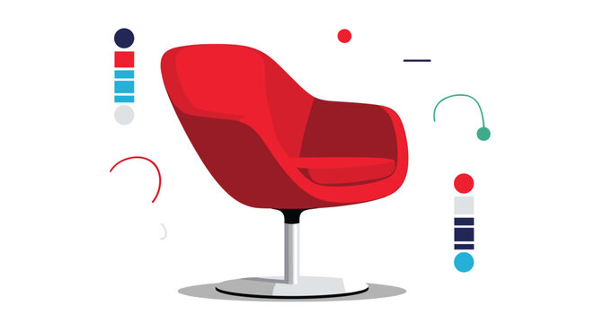 Stylish modern red swivel chair is centered among a variety of abstract geometric shapes and color palettes in a contemporary design layout.