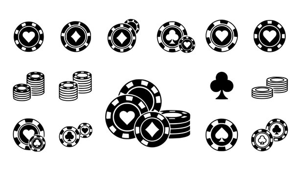 Luxury casino poker chips stacks and gambling suit icons vector set for betting game design