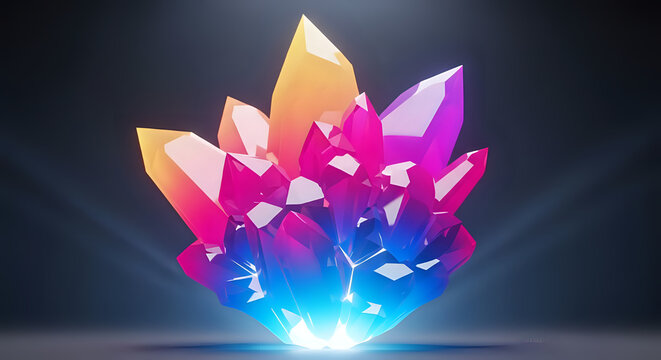 Glowing colorful crystal gemstone on dark background with gemstone colorful treasure refraction