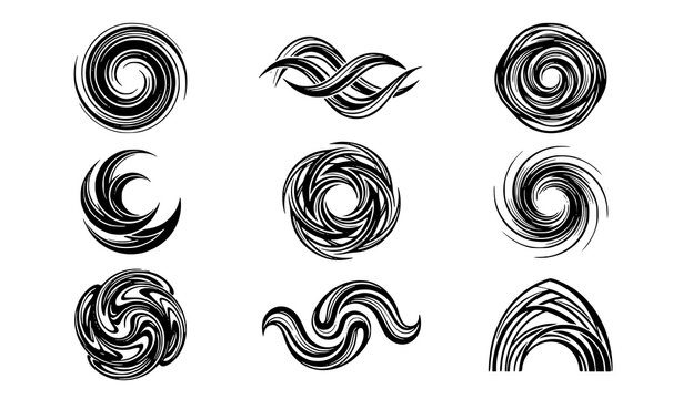 Abstract spiral swirls collection with decorative line art cyclone and ocean wave vector elements set